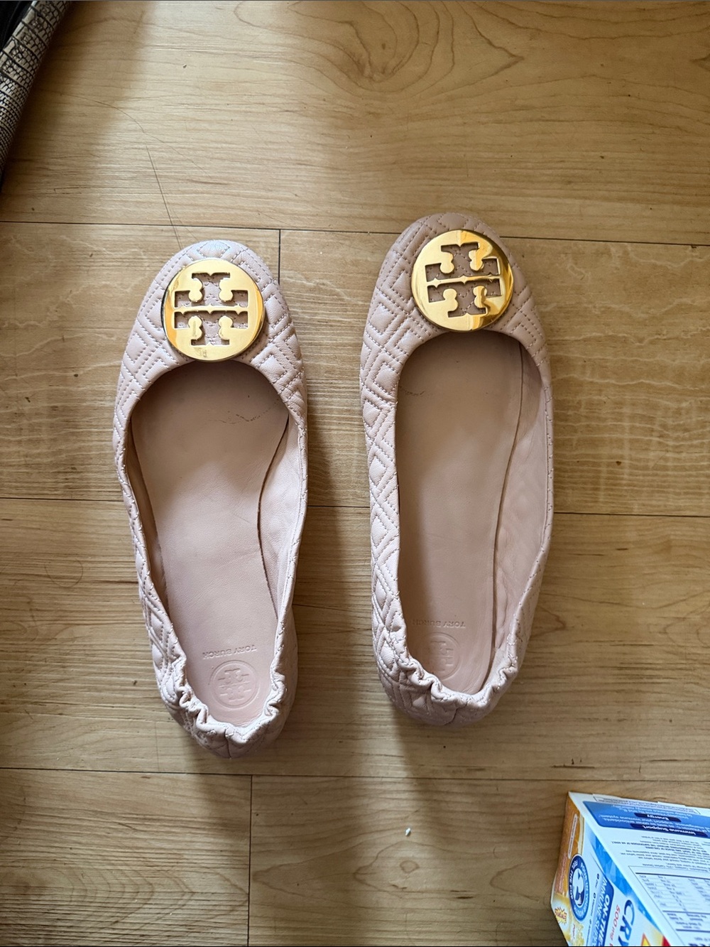 Tory Burch Quilted Blush Ballet Flats with Gold Logo Medallion
